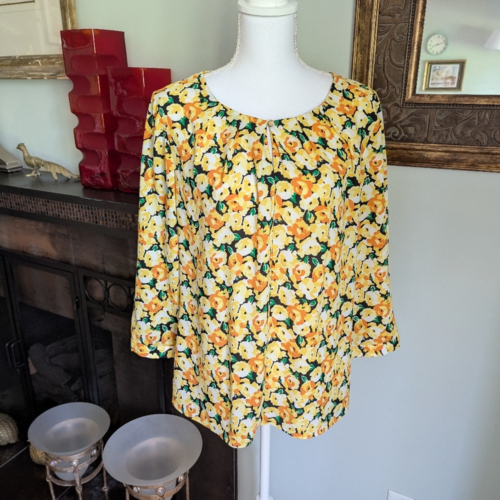 TALBOTS Womens 12 Blouse 3/4Sleeve Pleat Keyhole Neckline Yellow Floral Top 118